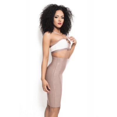 'Sila' nude two piece bandage dress with long sleeves